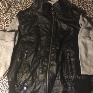 Sweater Hood Faux Leather Jacket